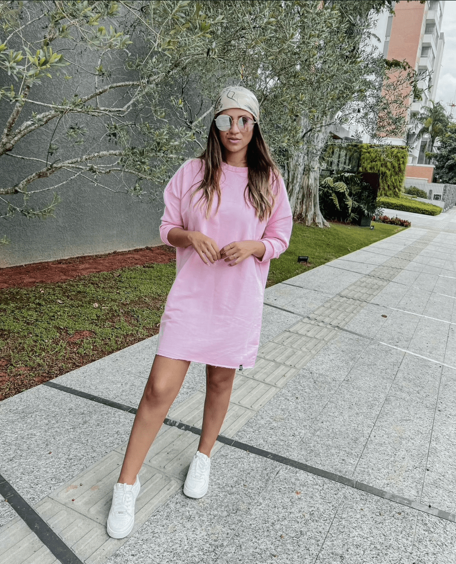 Vestido Moletom Manga 3/4 Rosa