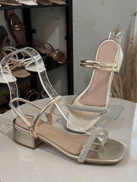 Sandália Salto Bloco Ouro Strass
