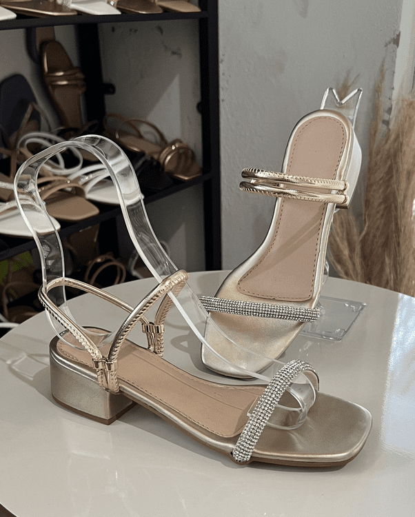 Sandália Salto Bloco Ouro Strass