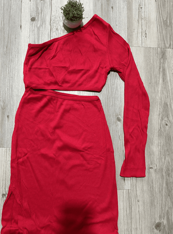 Vestido Canelado Manga Longa de Um Ombro - Imagem 5